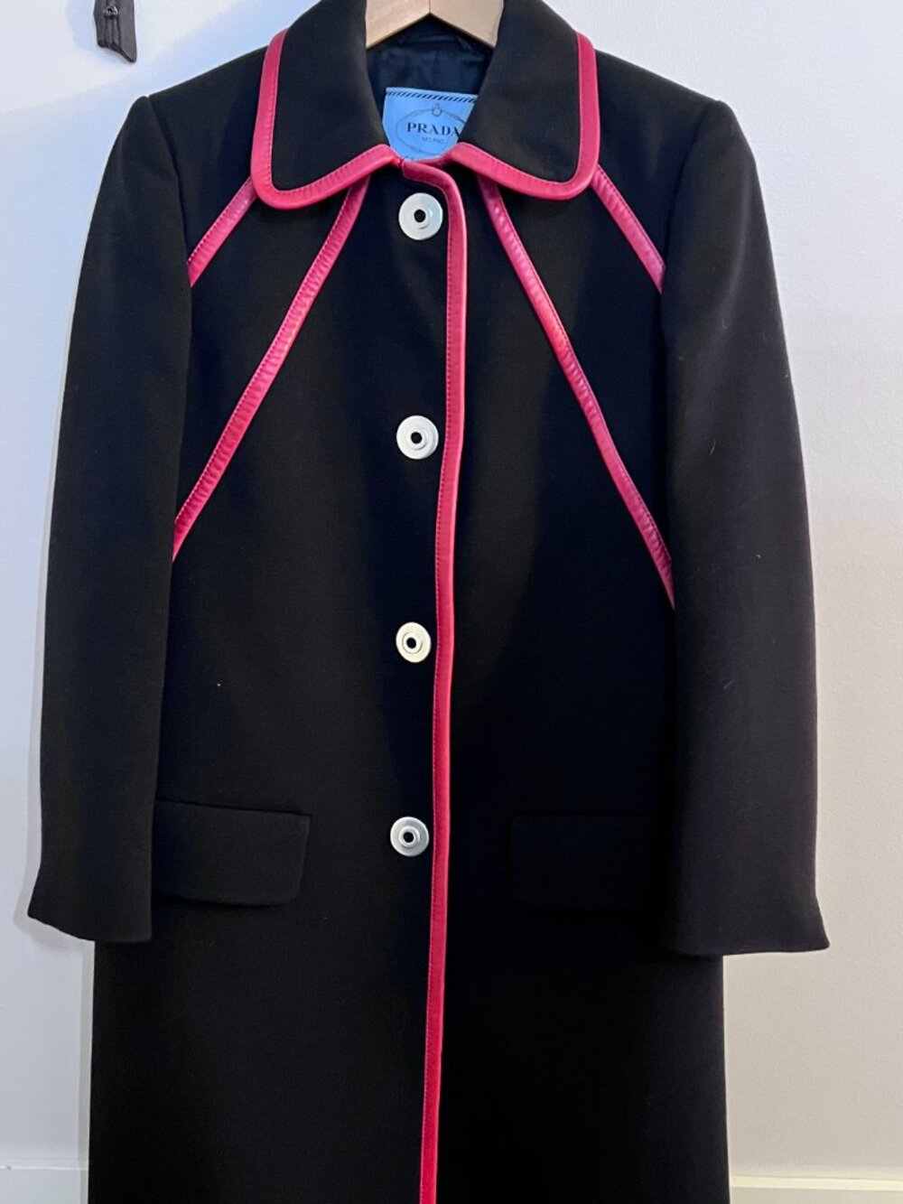 Prada Milano Black Coat Pink Leather Trim Made in Italy Size 40